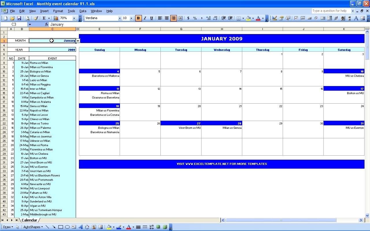 Calendar Of Events Template Excel