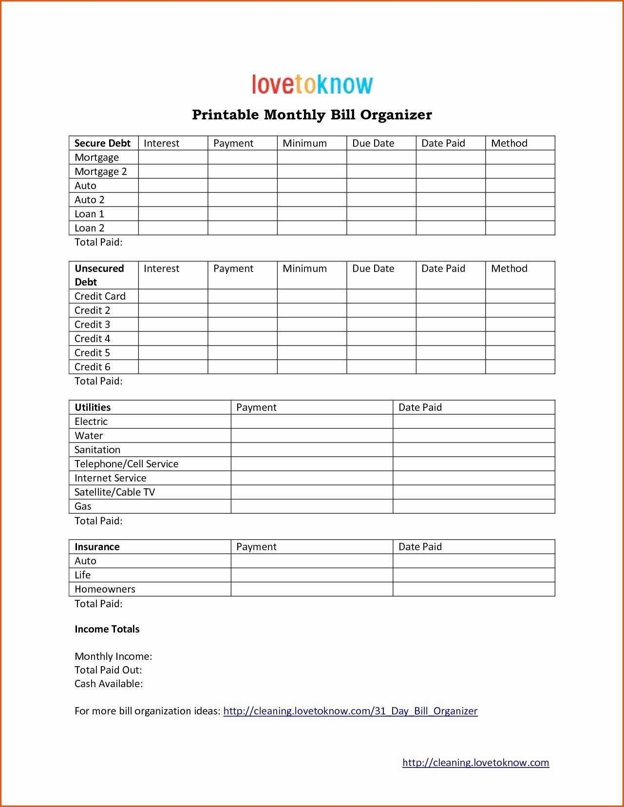 Monthly Profit And Loss Statement Template And Bill Pay Calendar in Free Print Out Bill Organizer