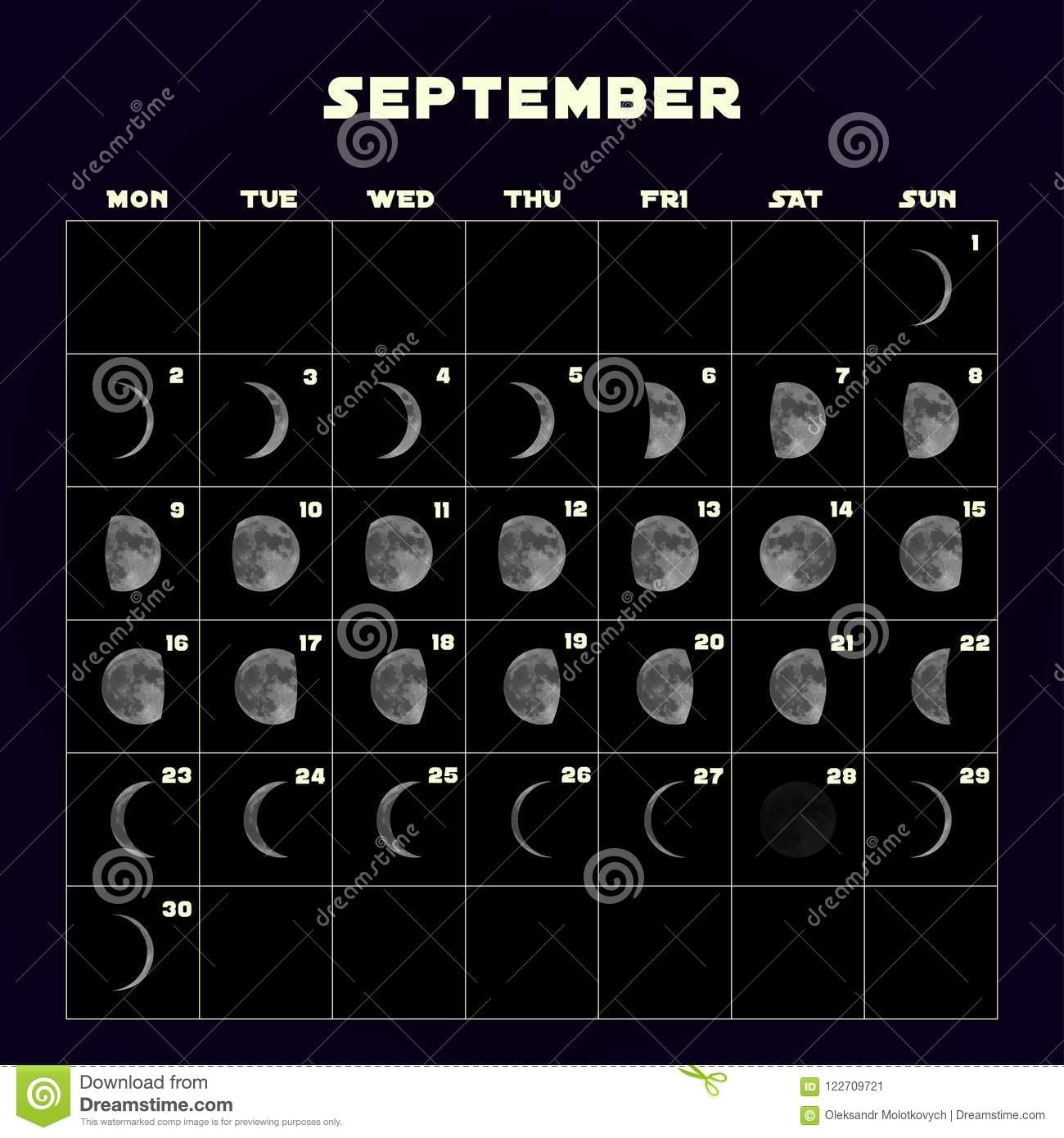 Moon Phases Calendar For 2019 With Realistic Moon. September. Vector pertaining to Phases Of The Moon Calendar