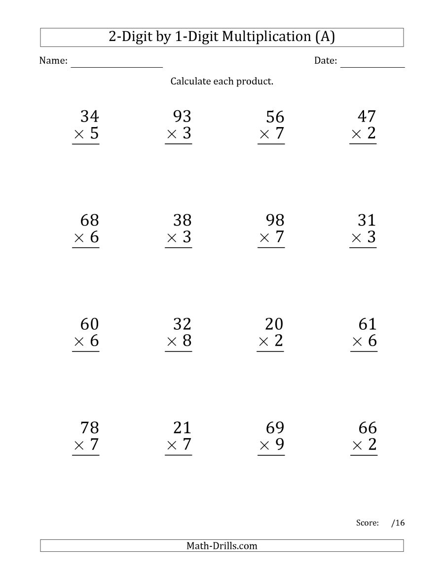 Multiplying 2-Digit1-Digit Numbers (Large Print) (A) intended for Numbers 1 31 To Print