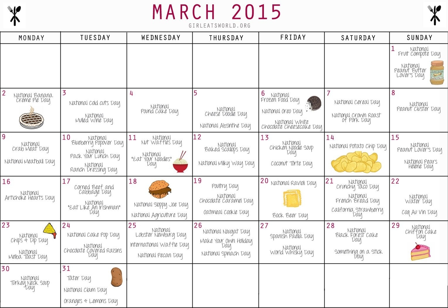 National Food Day Calendar Printable Printable Calendar 2018 intended for Printable Calendar Day By Day