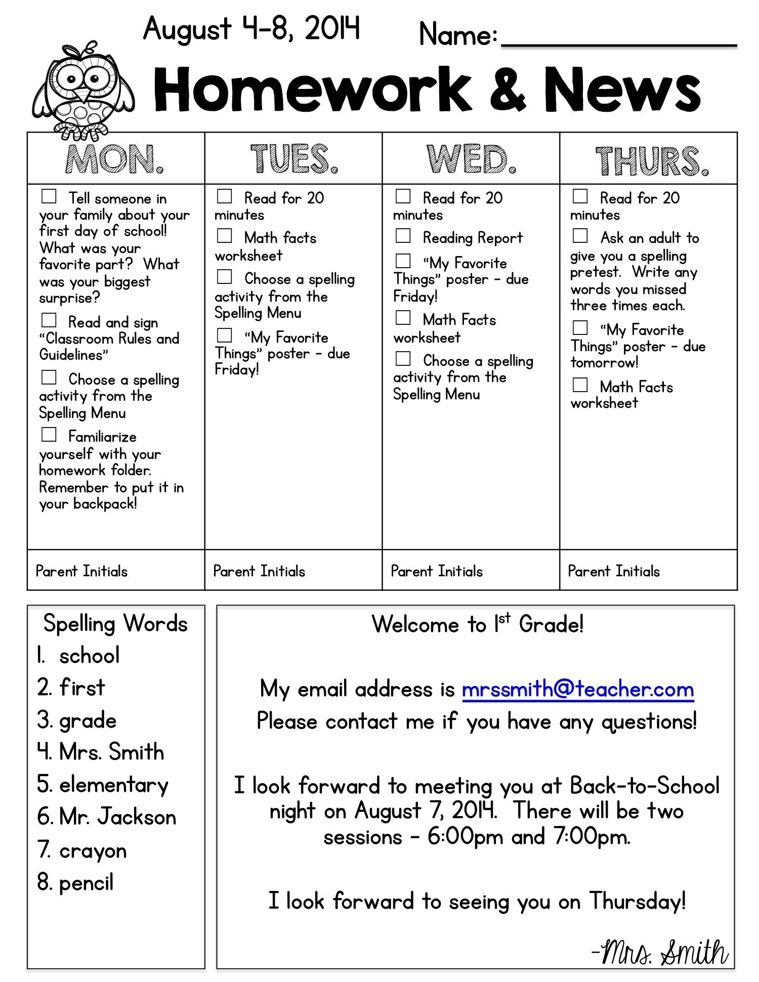 first grade homework cover sheet