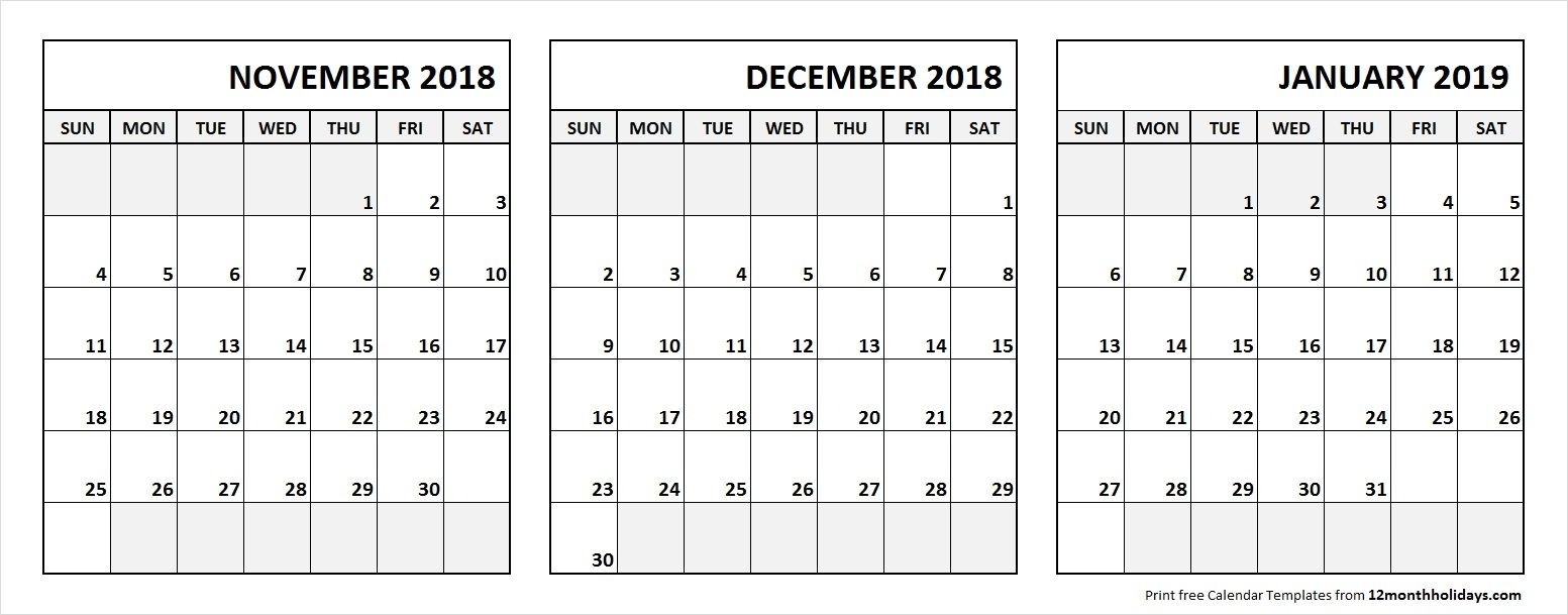 Nov Dec 2018 Jan 2019 Calendar Printable With Notes | 3 Month in Calendar Images From Jan To Dec