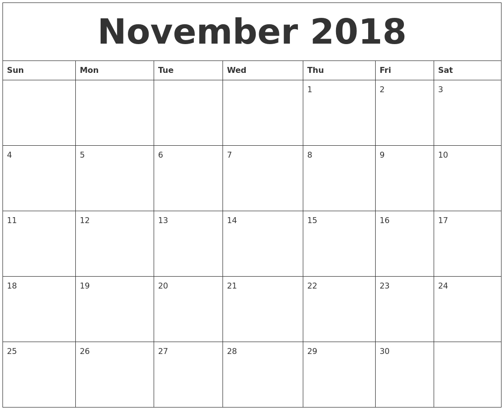 November 2018 Blank Monthly Calendar Template inside Blank Monthly Calendar Monday Start