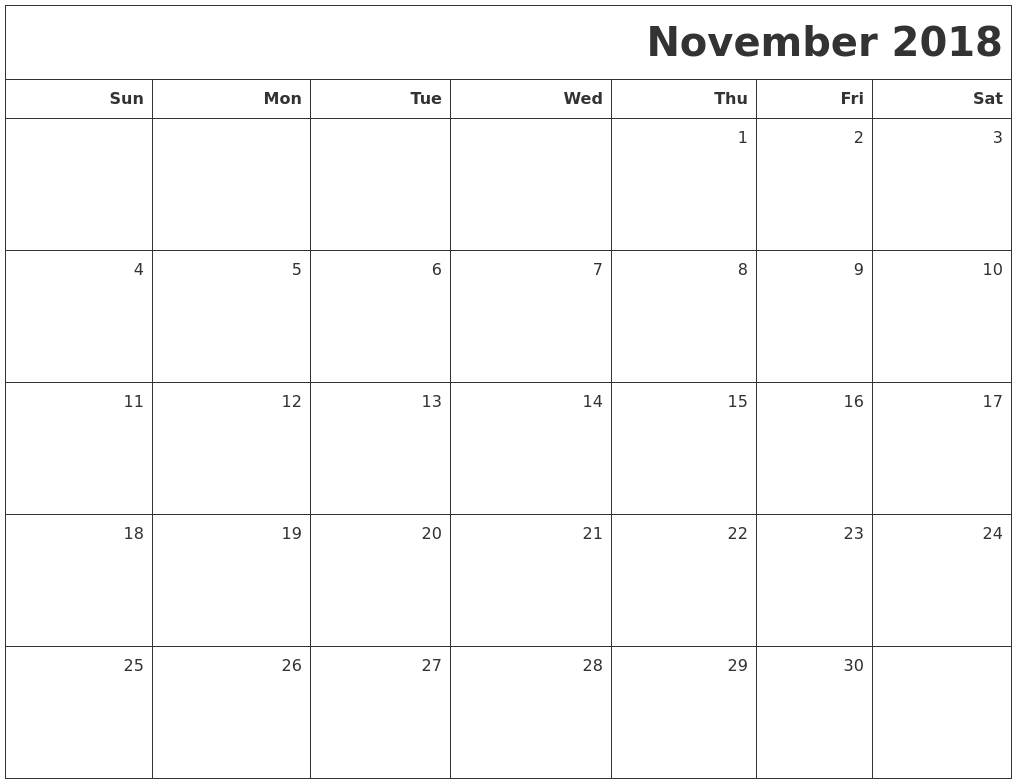 November 2018 Printable Blank Calendar regarding Blank Calendar For November And December