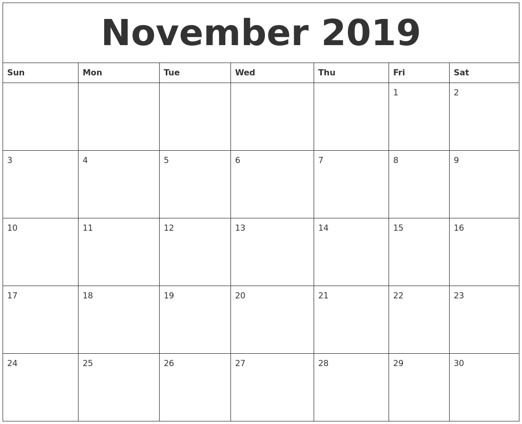 November 2019 Blank Calendar Printable inside Printable Monthly Blank Calendar Page