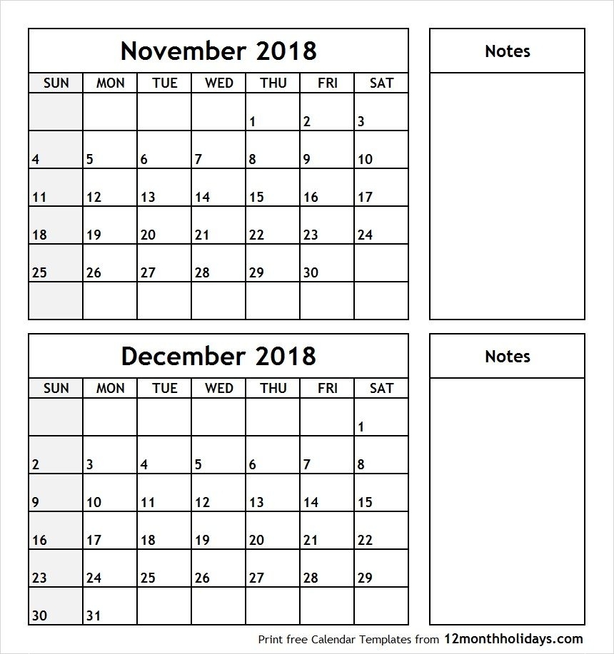 November December 2018 Printable Calendar | 2018 Calendar | 2021 with Blank Calendar For November And December