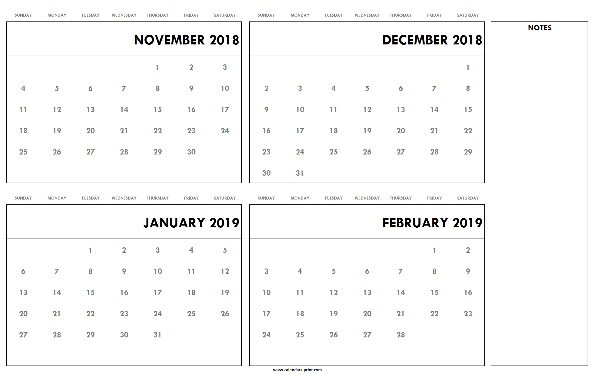 November To December 2018 January To February 2019 Calendar for Printable Nov Dec 17 Calendar