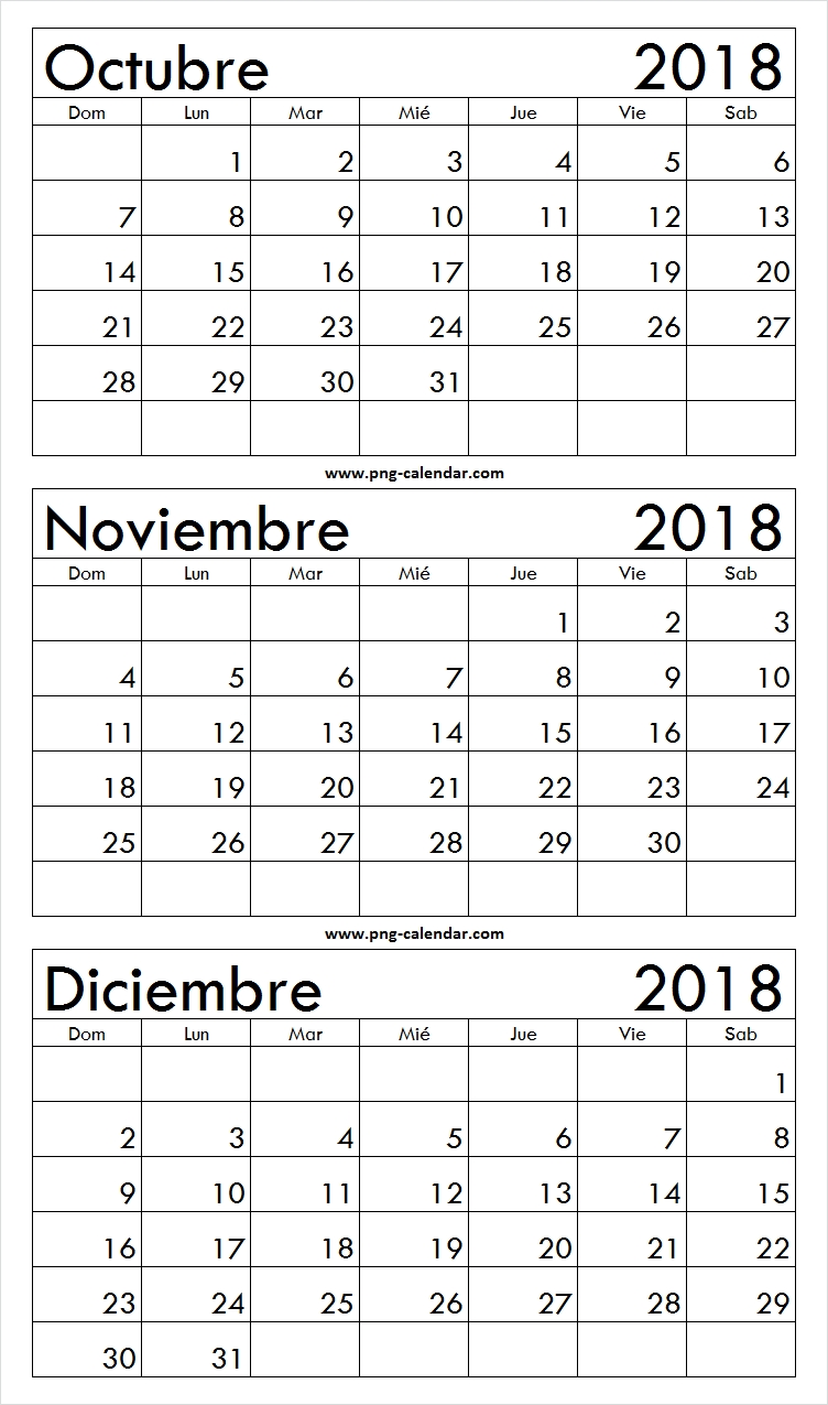 Nuevo Calendario Imprimible Octubre Noviembre Diciembre 2018 intended for 3 Month Printable Calendar Online