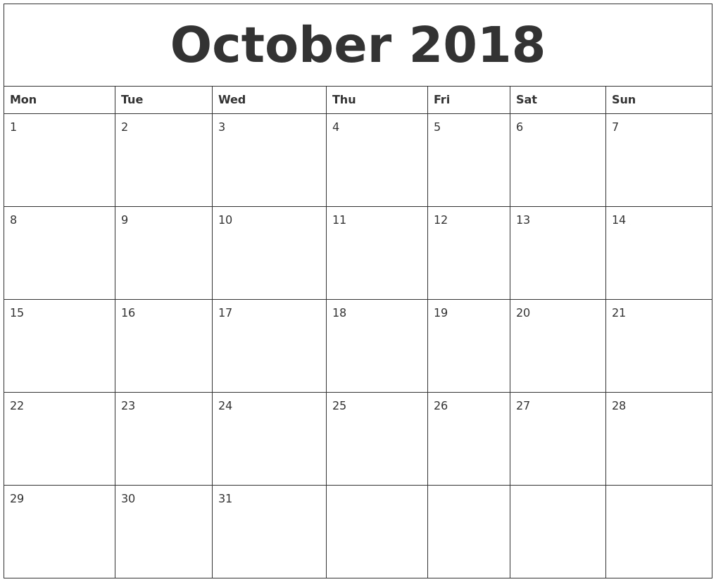 October 2018 Blank Monthly Calendar Template inside Blank Monthly Calendar Print Out