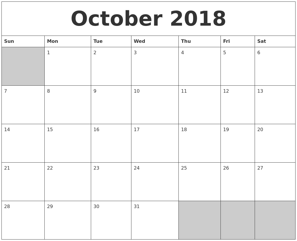 October 2018 Blank Printable Calendar with regard to Full Size Blank Printable Calendar