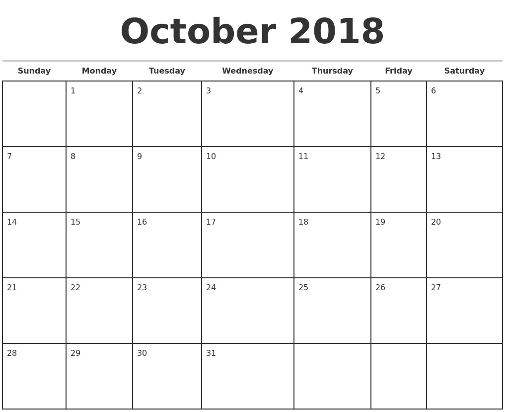 October 2018 Monthly Calendar Template Regarding Printable Monthly regarding Free Printable Monthly Calendar Editable