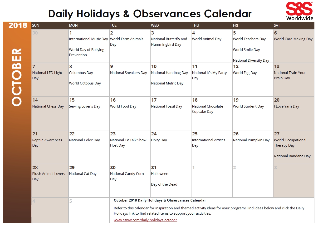 October Daily Holidays &amp; Observances Printable Calendar - S&amp;s Blog intended for Holiday Themed Cupcake Templates For Calendar