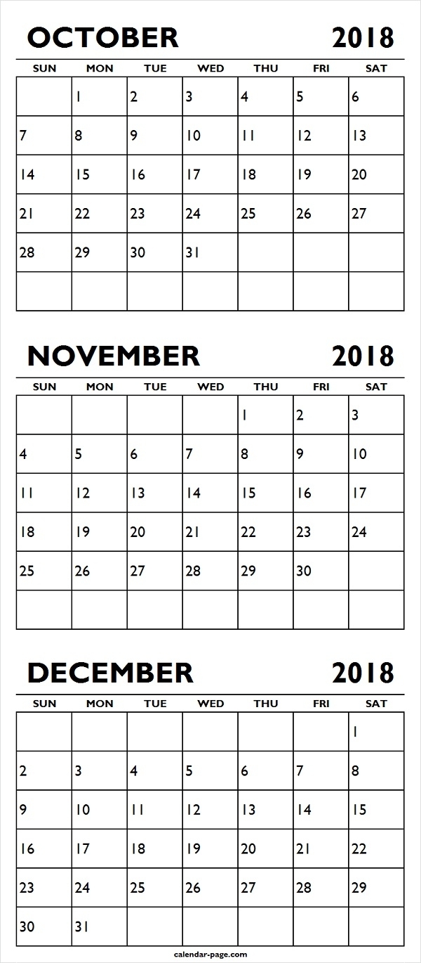 October November December 2018 Printable Calendar | Template throughout Print Calendar For October November December