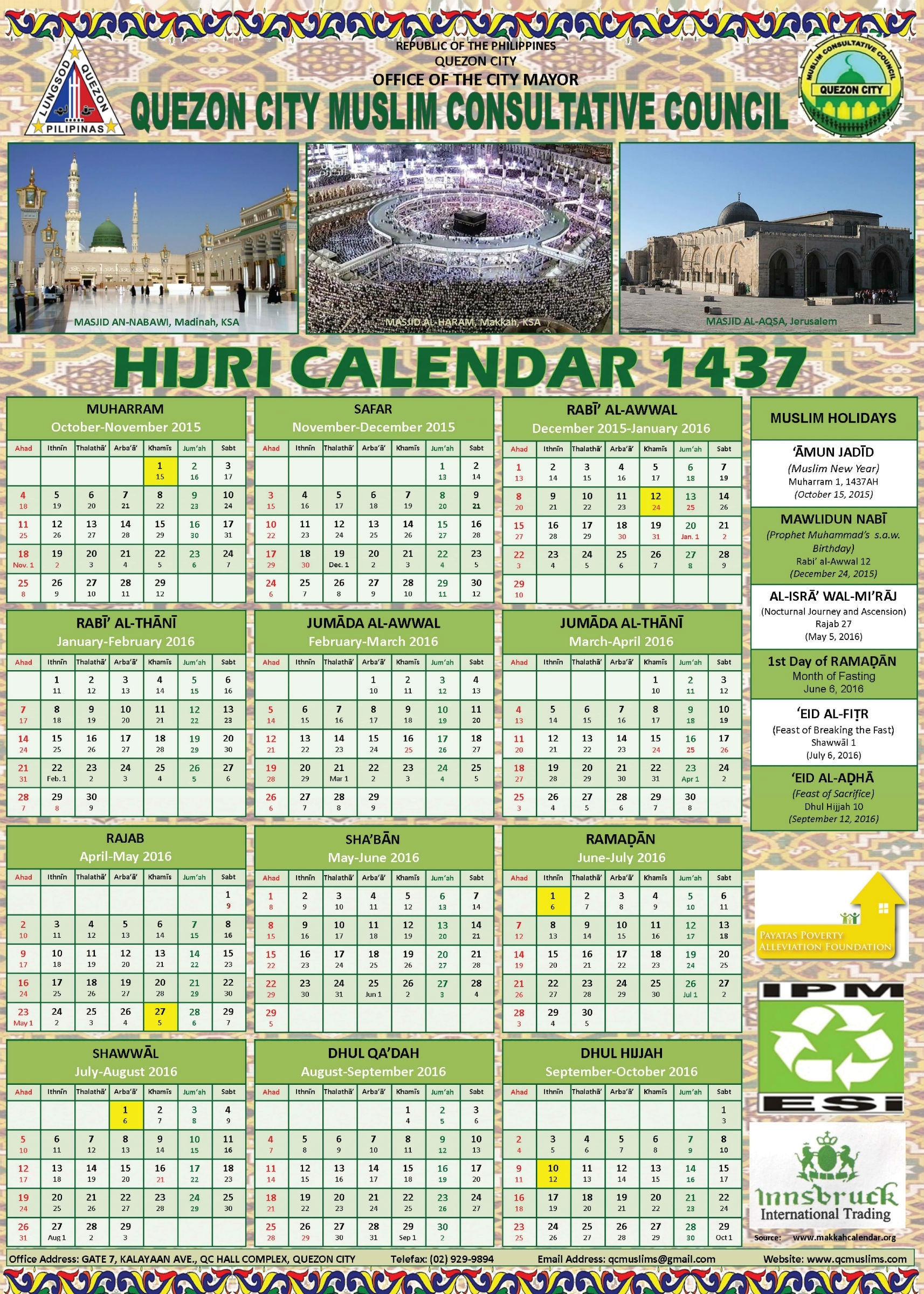 Official Hijri 1437 Calendar Ksa | Calendar Template 2019 regarding Islamic Calender In Saudi Arabia