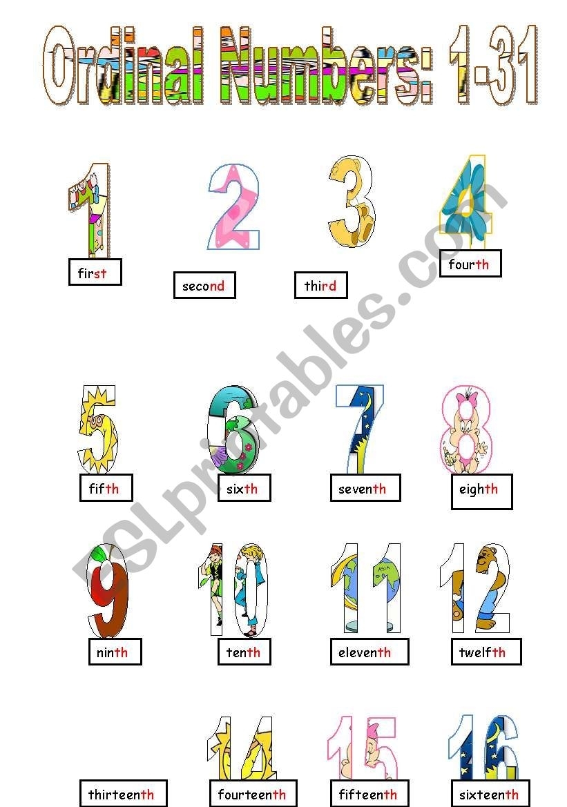 Ordinal Numbers Poster: 1-31 - Esl Worksheetliati within Printable Preschool Numbers 1 31