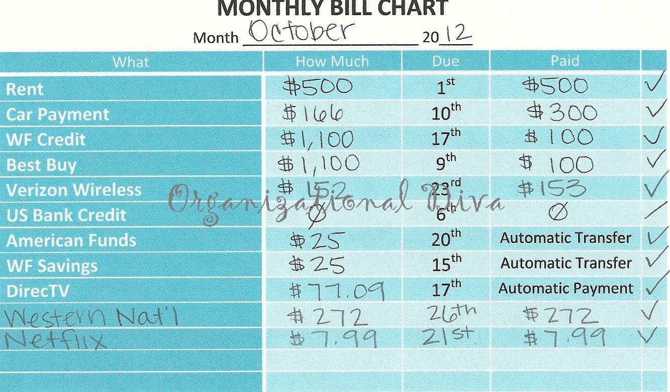 Organizational Diva: Monthly Bill Chart | Finances | Bill Calendar in Free Blank Printable Bill Paying Chart