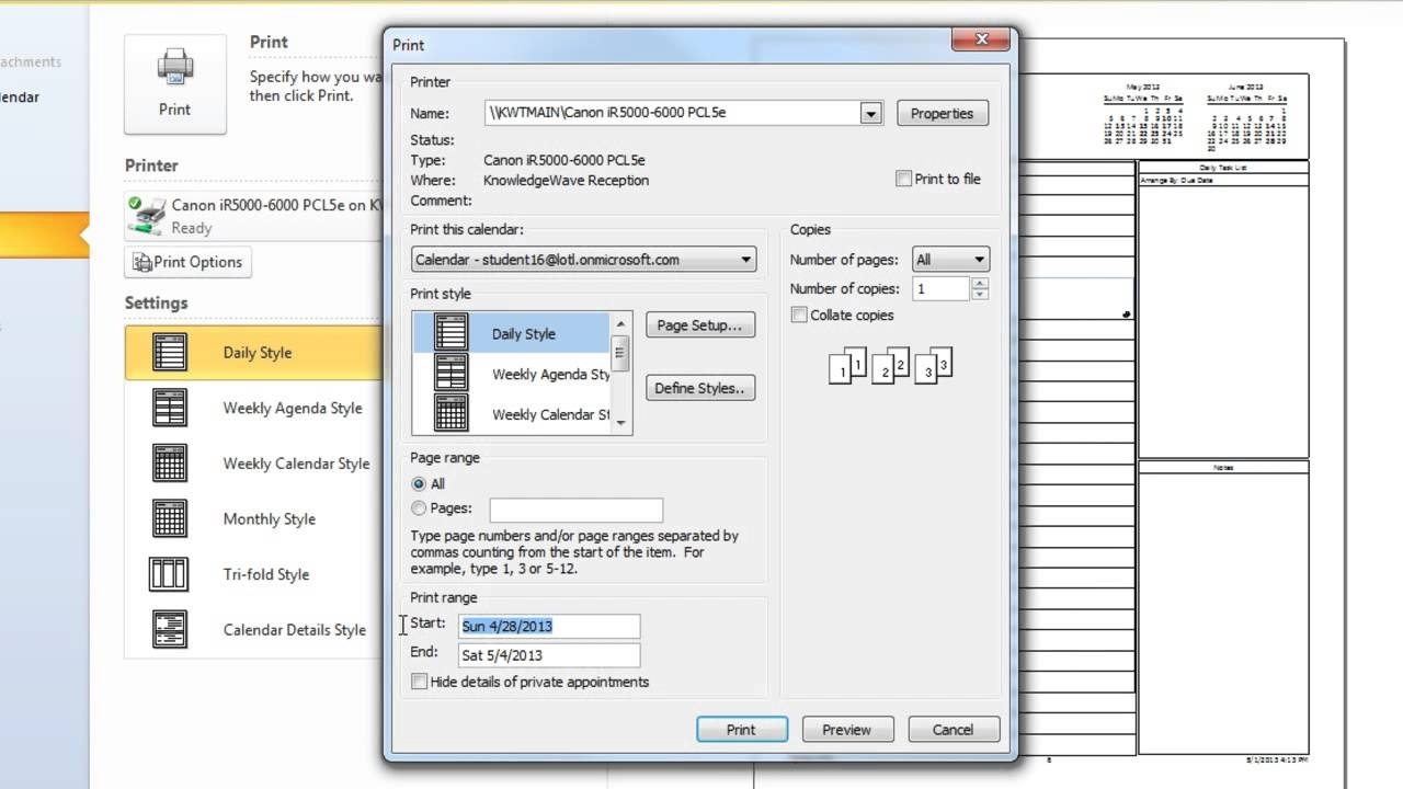 Outlook 2010: How To Print Calendars - Youtube intended for Print Yearly Calendar In Outlook