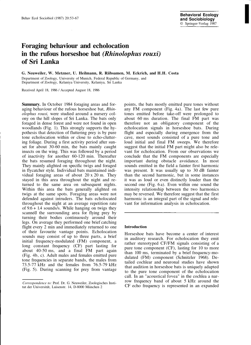 Pdf) Foraging Behaviour And Echolocation In The Rufous Horseshoe Bat in 18 August 1987 In Sri Lanka