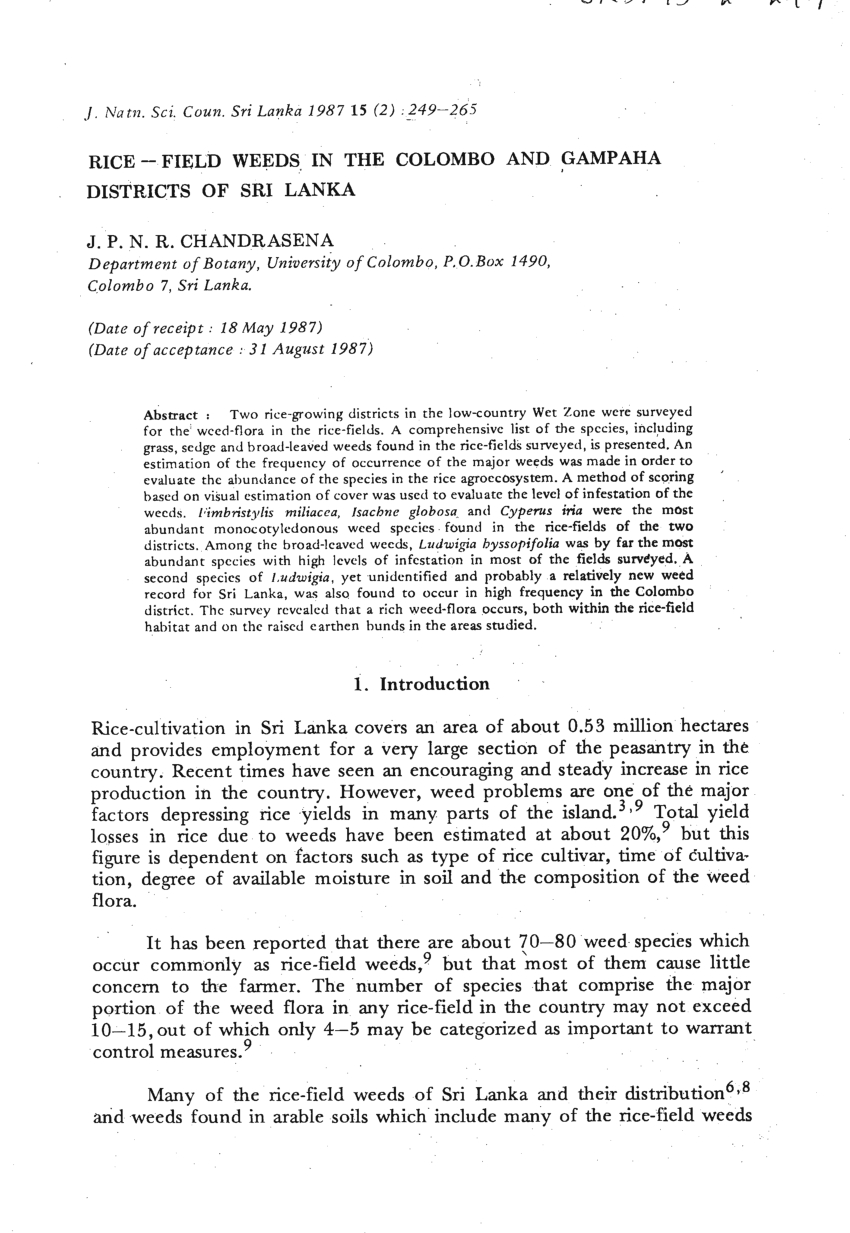 Pdf) Rice-Field Weeds In The Colombo And Gampaha Districts Of Sri Lanka inside 18 August 1987 In Sri Lanka