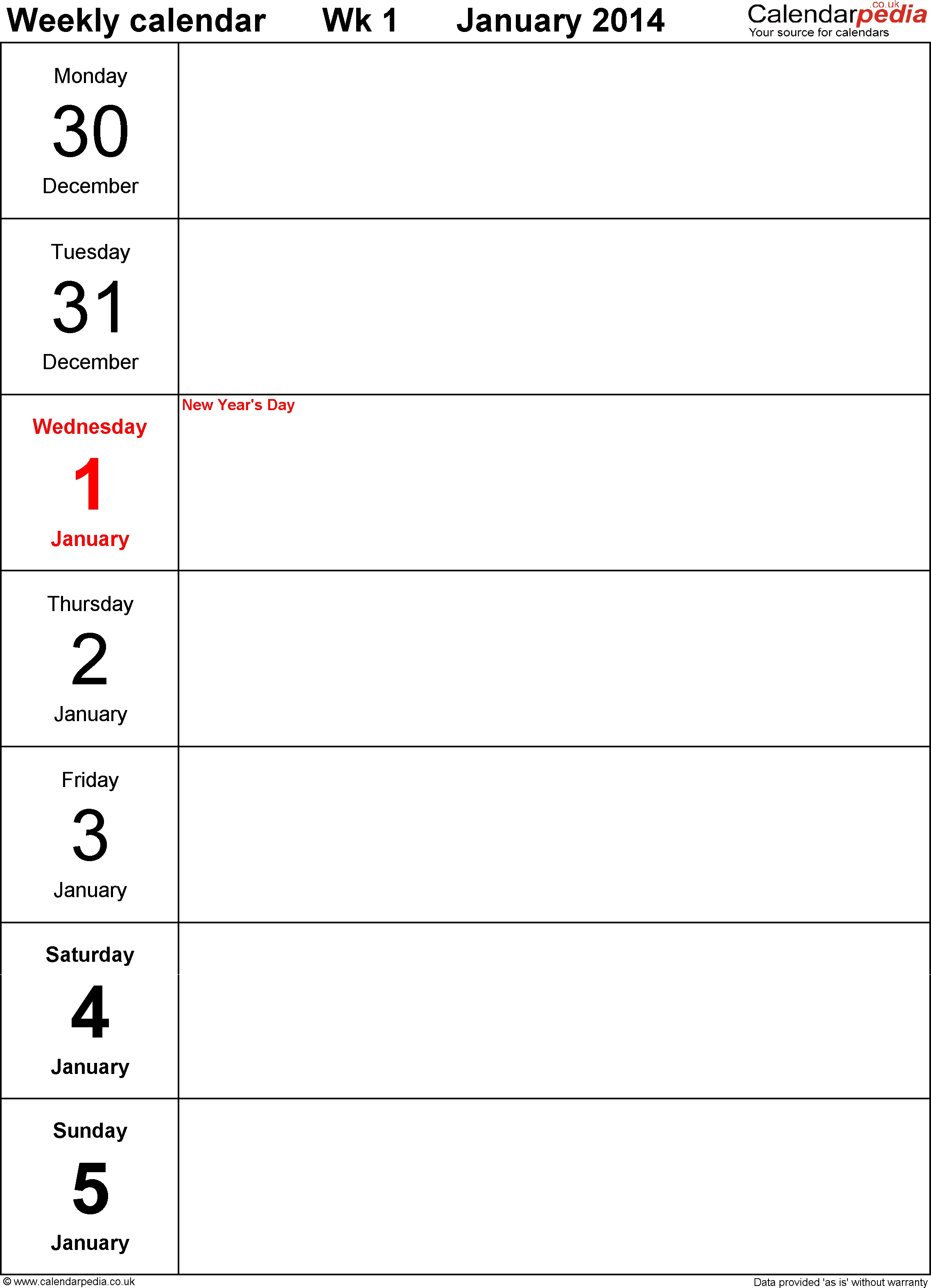 Pdf Template 4: Weekly Calendar 2014, Portrait Orientation, Days inside Days Of The Week Calendar Template