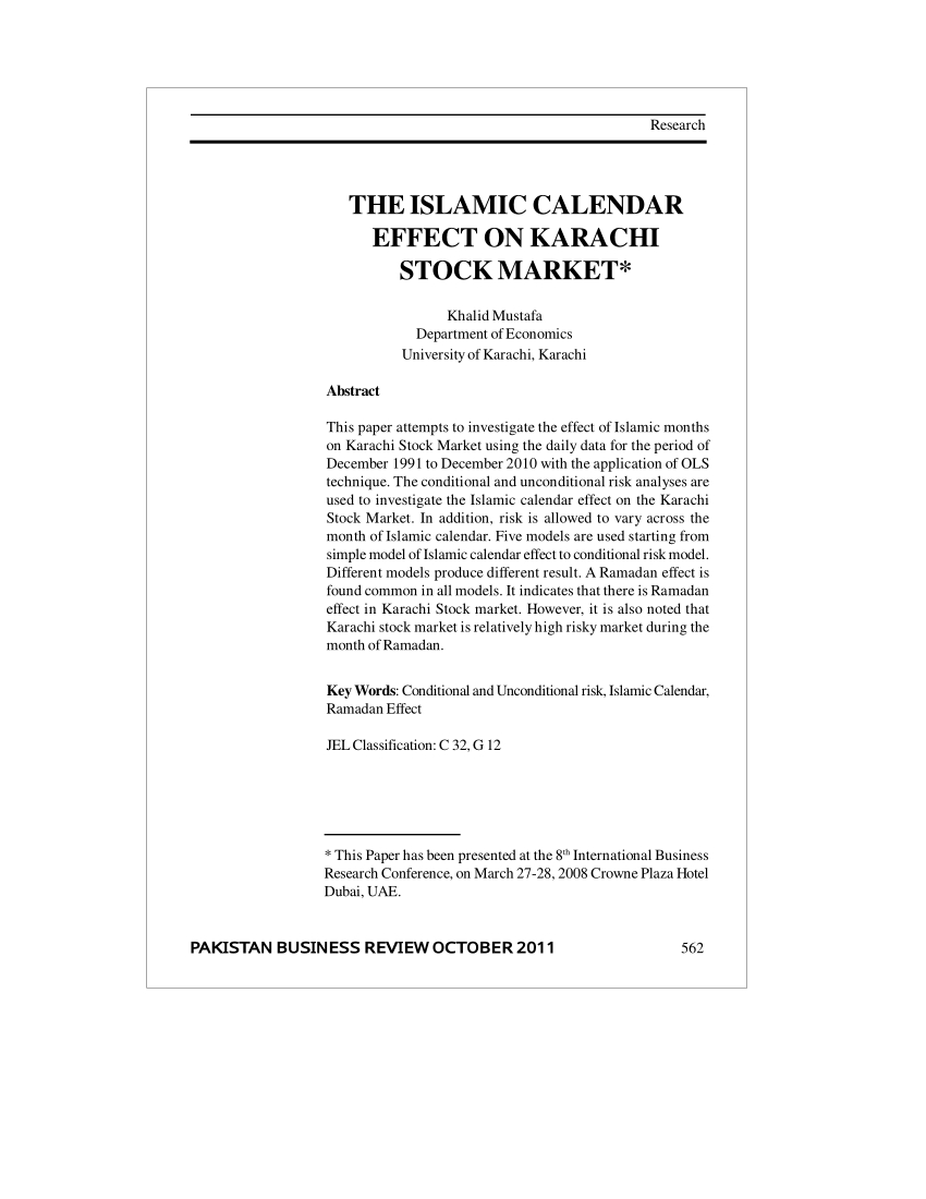 Pdf) The Islamic Calendar Effect On Karachi Stock Market in Islamic Calendar 2008 In Pakistan