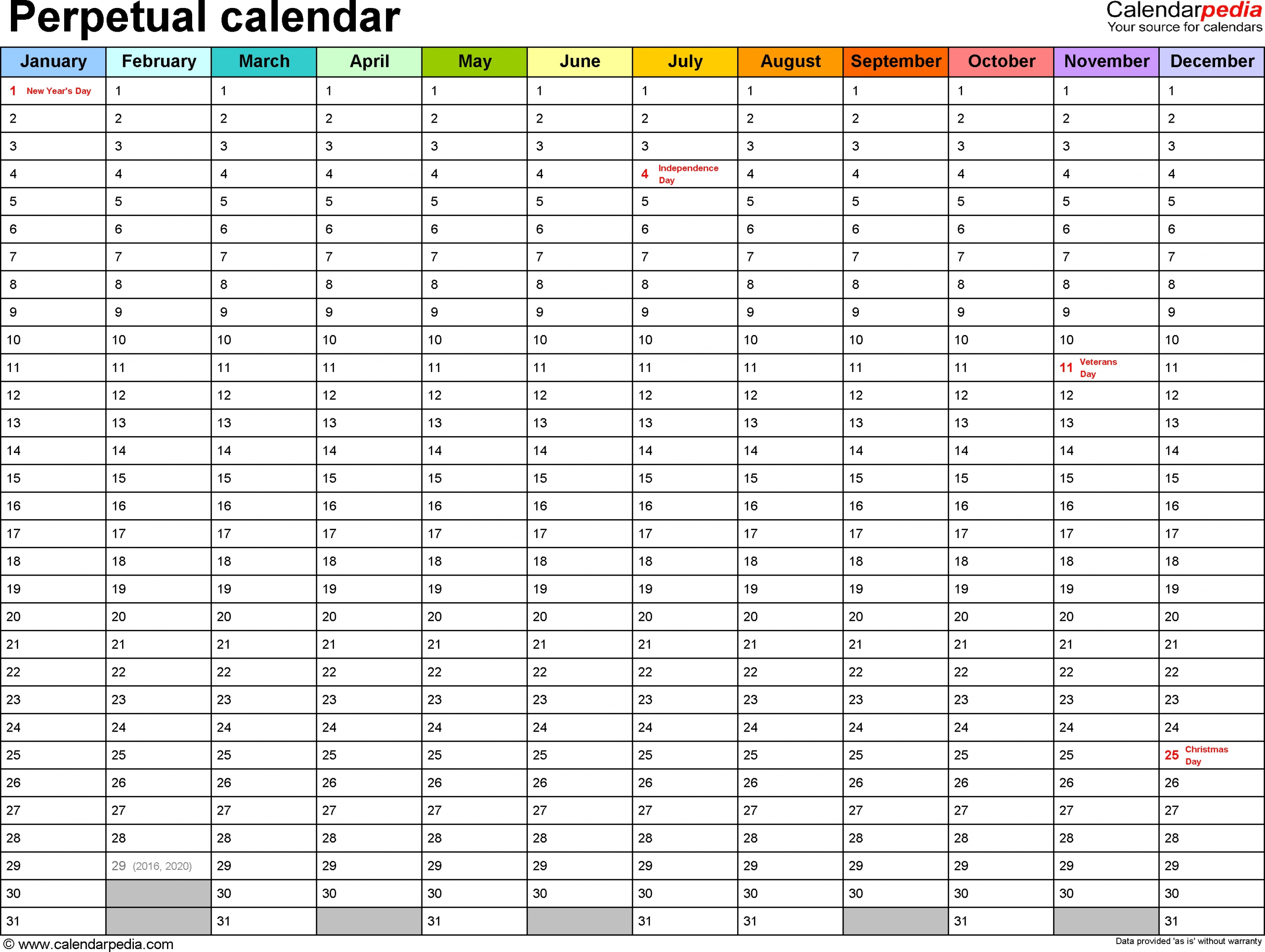 Perpetual Calendars - 7 Free Printable Pdf Templates intended for 4 Week Perpetual Monthly Calendar