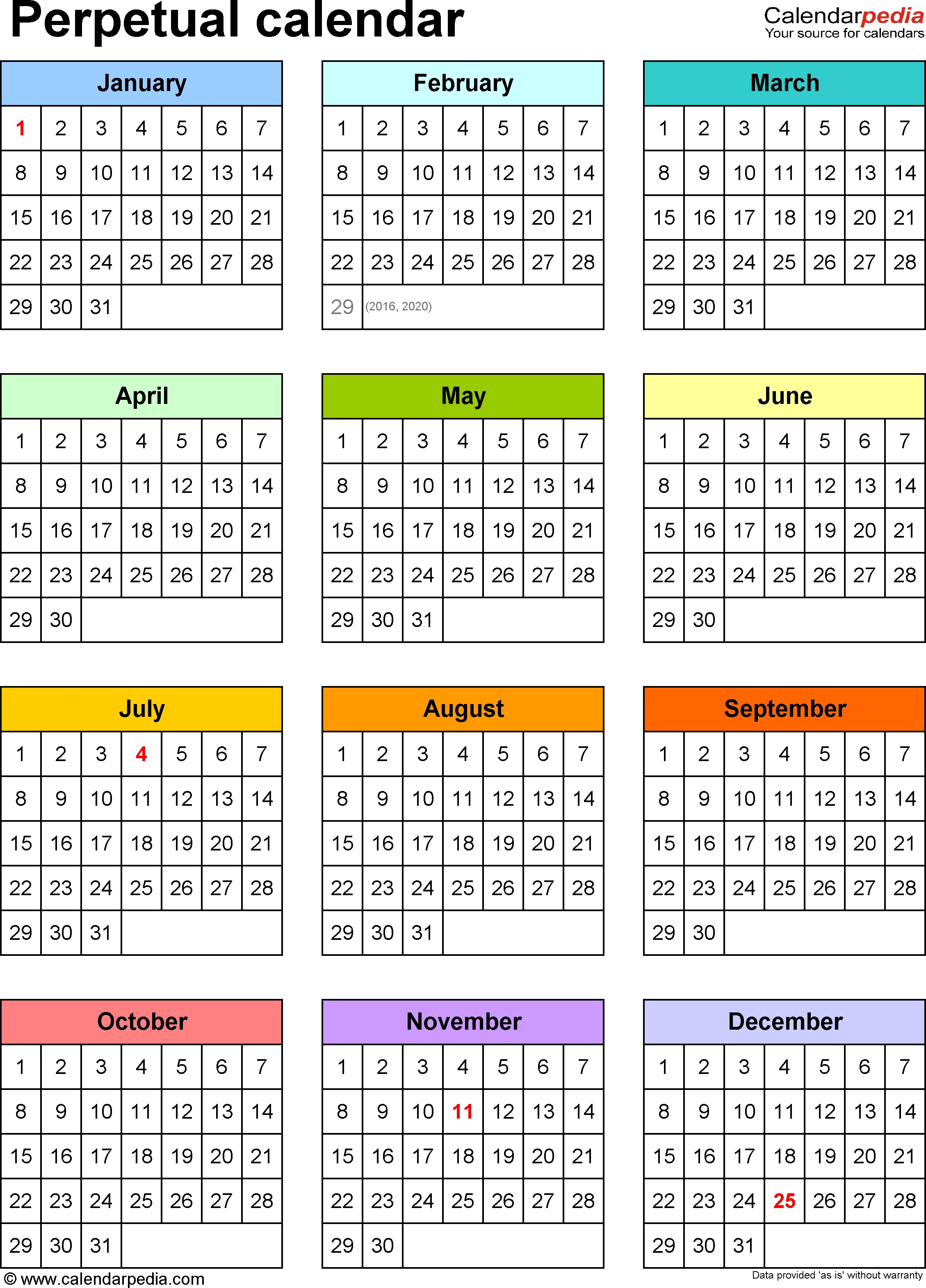 Perpetual Calendars - 7 Free Printable Pdf Templates pertaining to Calendars Year At A Glance