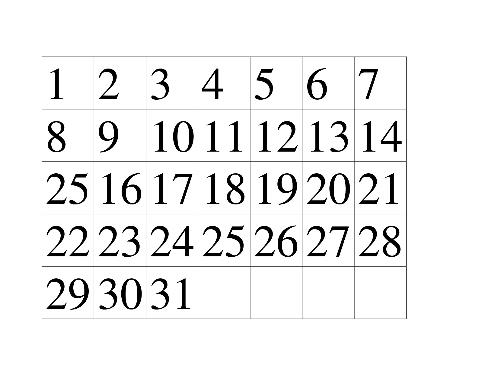 Free Template Printable Calendar Numbers