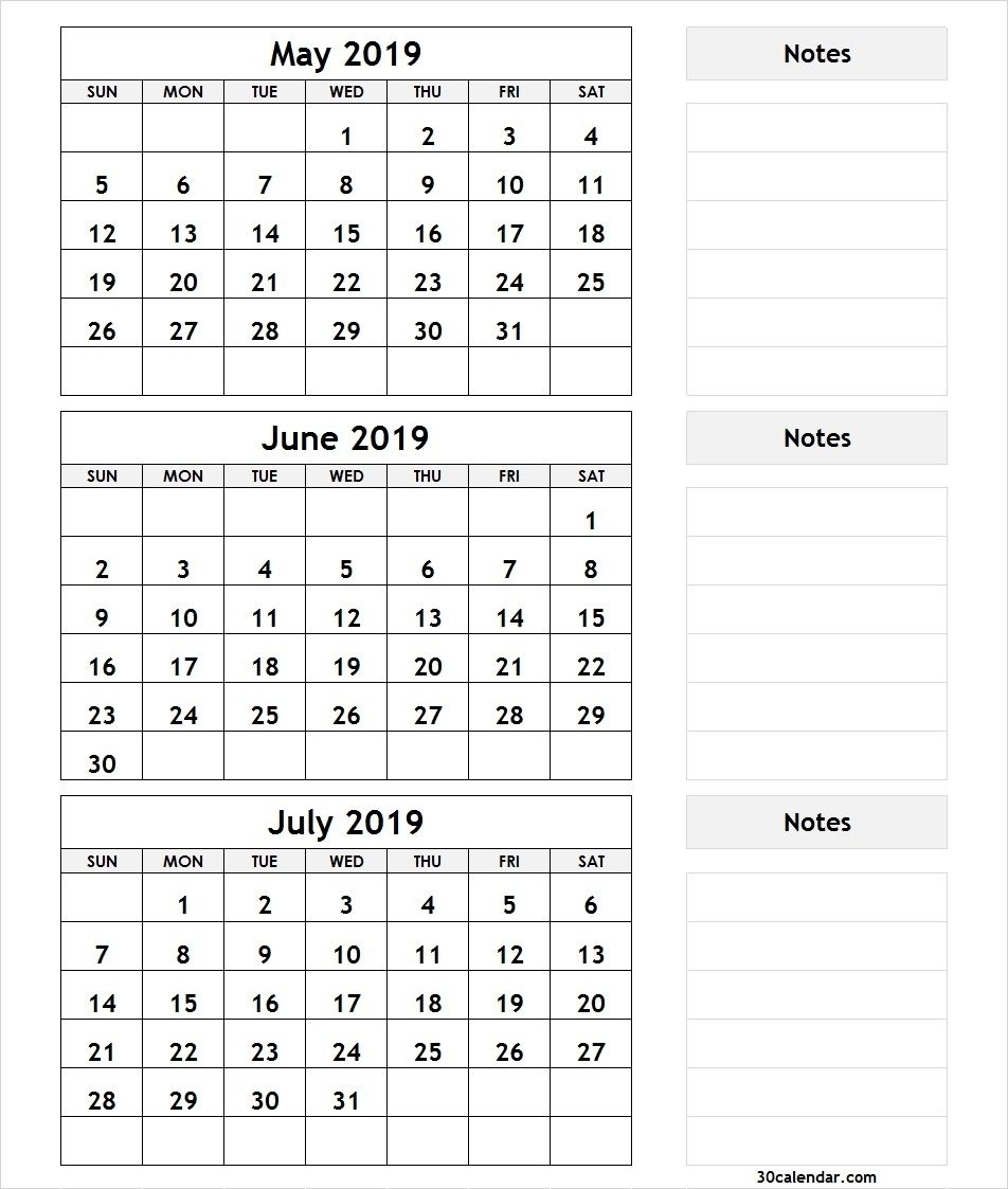 Prime 3 Month Calendar May June July 2019 * Calendar Template Fillable with June And July Month Calendar