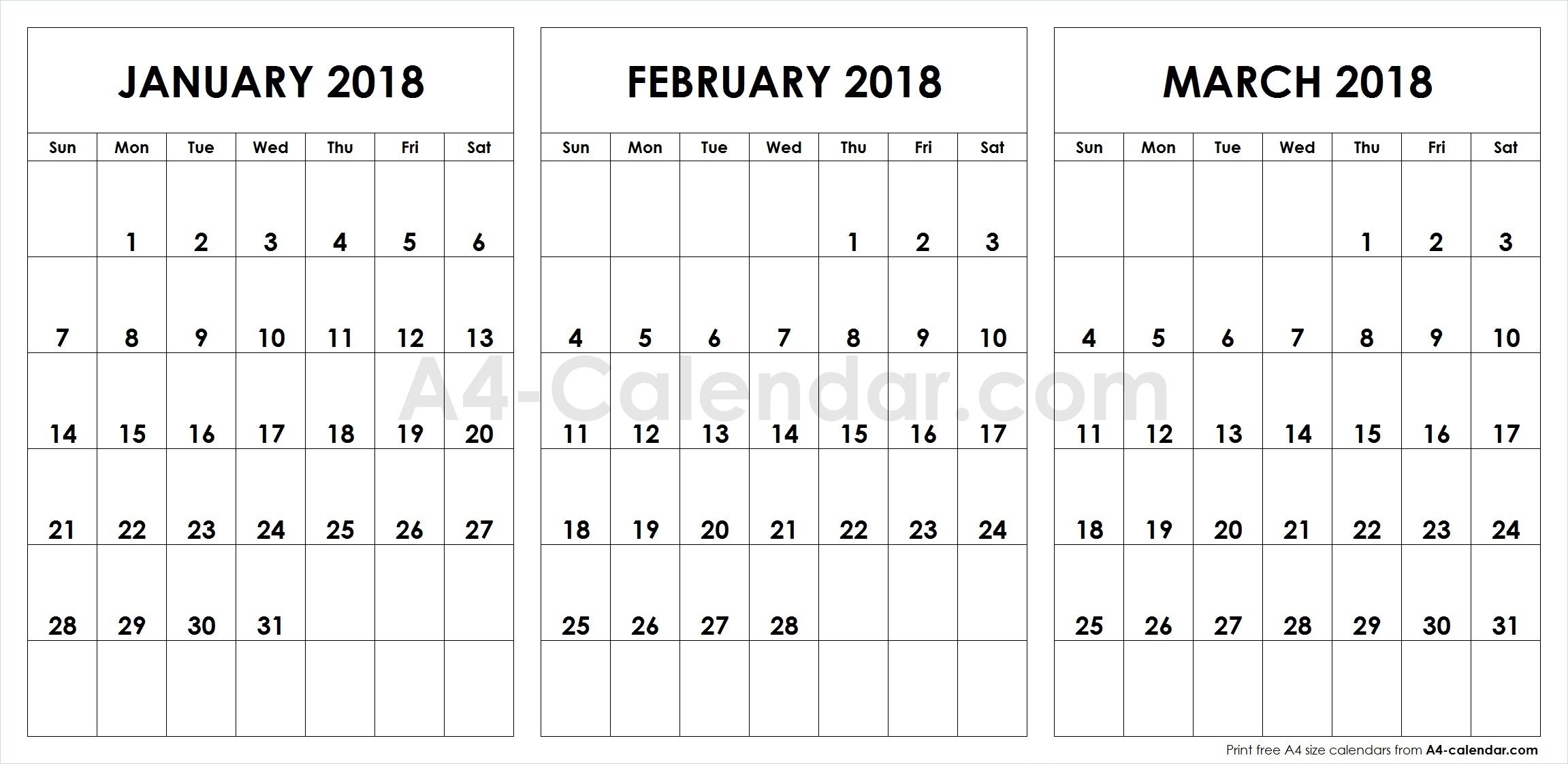 Print Free Blank January February March 2018 A4 Calendar Template inside 3 Month Calendar To Ptint