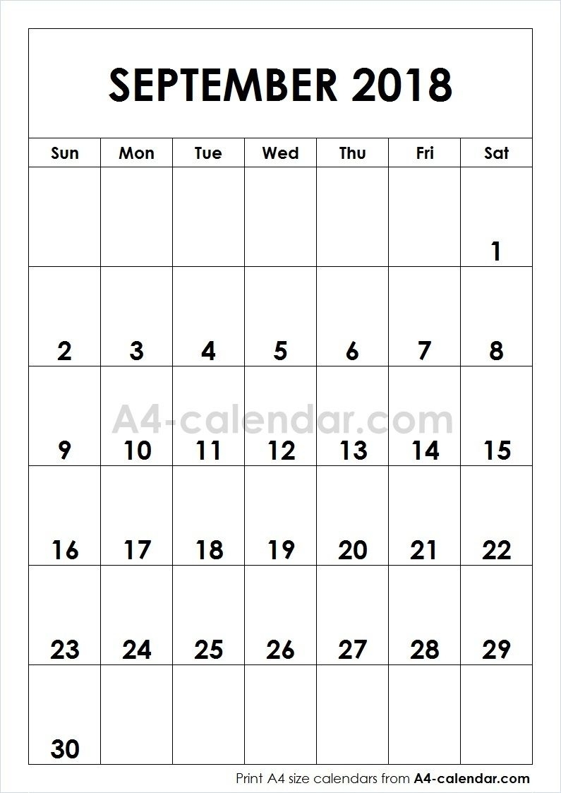Print Free Blank September 2018 A4 Calendar From Www.a4-Calendar with Full Size Monthly Calendar September