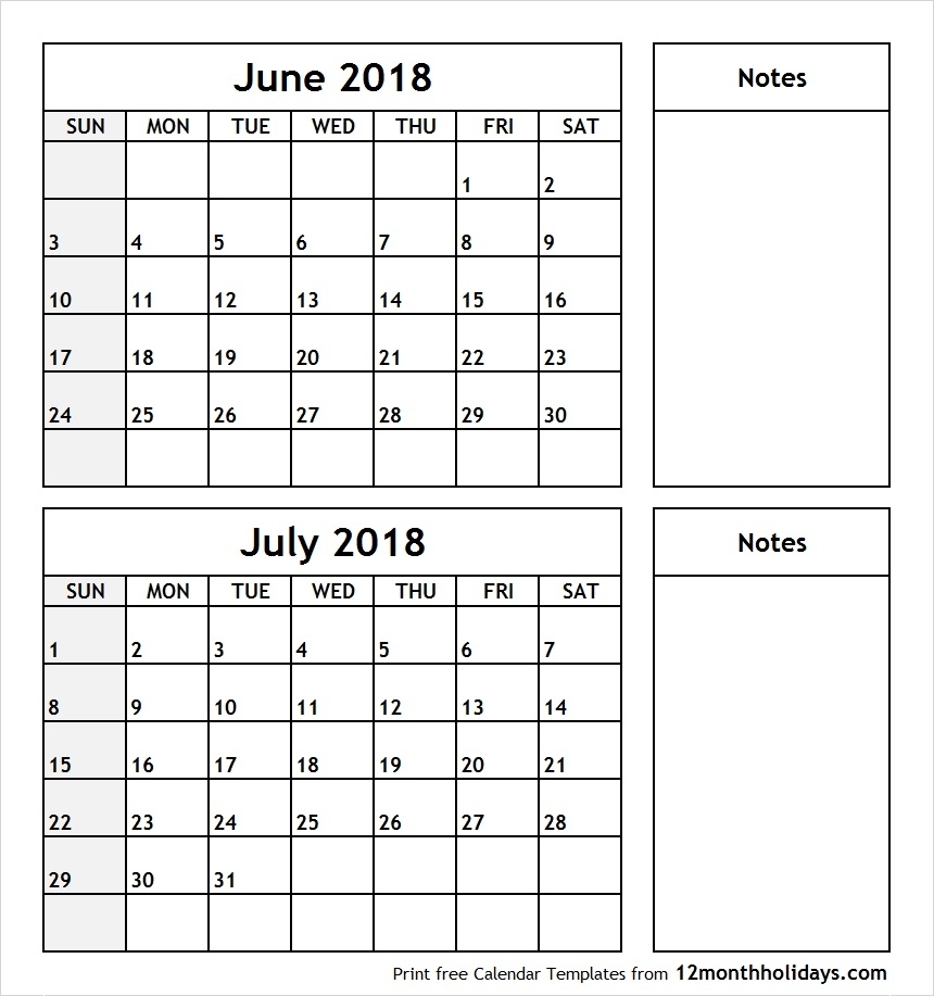 Print June July 2018 Calendar Template | 2 Month Calendar within Calendar For June And July