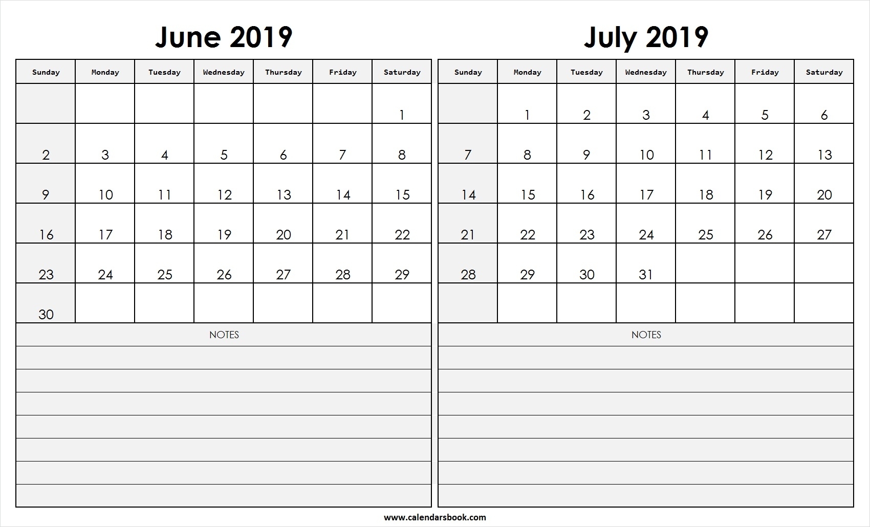 Print June July 2019 Calendar Template | 2 Month Calendar for June And July Calendar Month