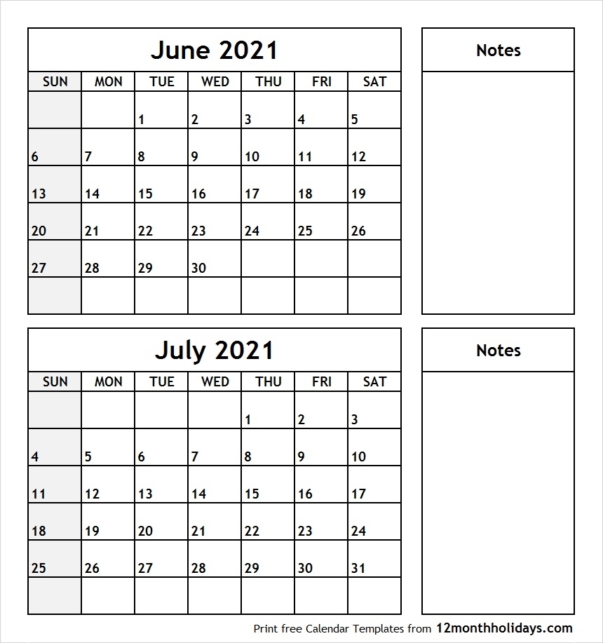 Print June July 2021 Calendar Template | 2 Month Calendar in Print Month Of June And July