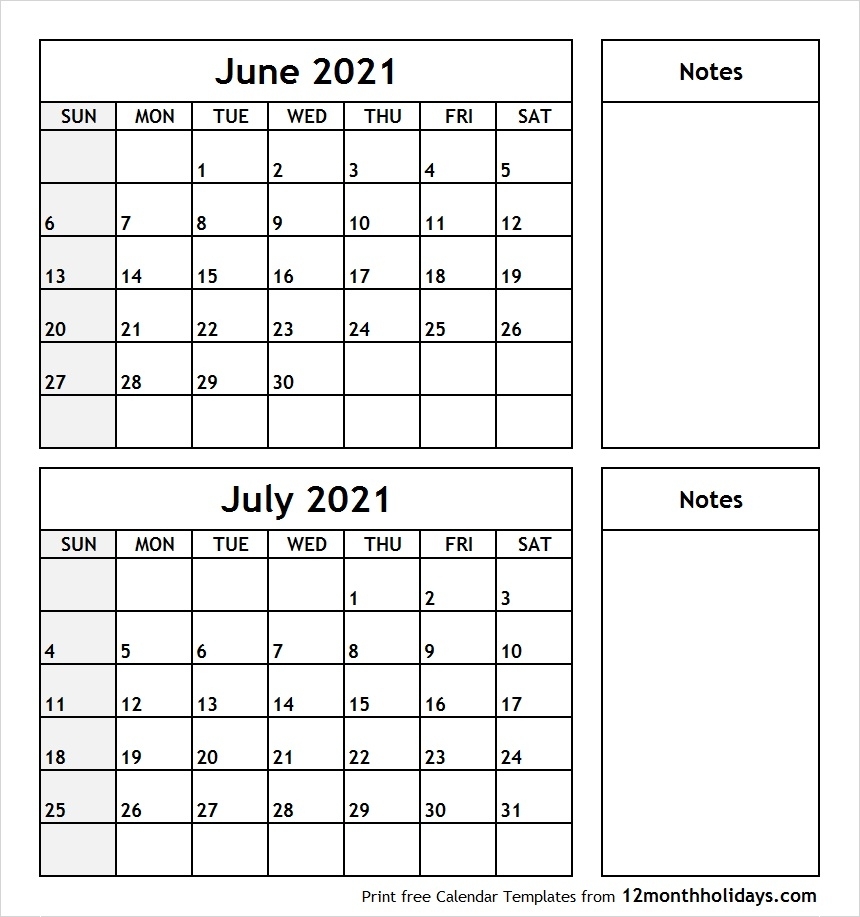 Print June July 2021 Calendar Template | 2 Month Calendar with June And July Printable Calendars