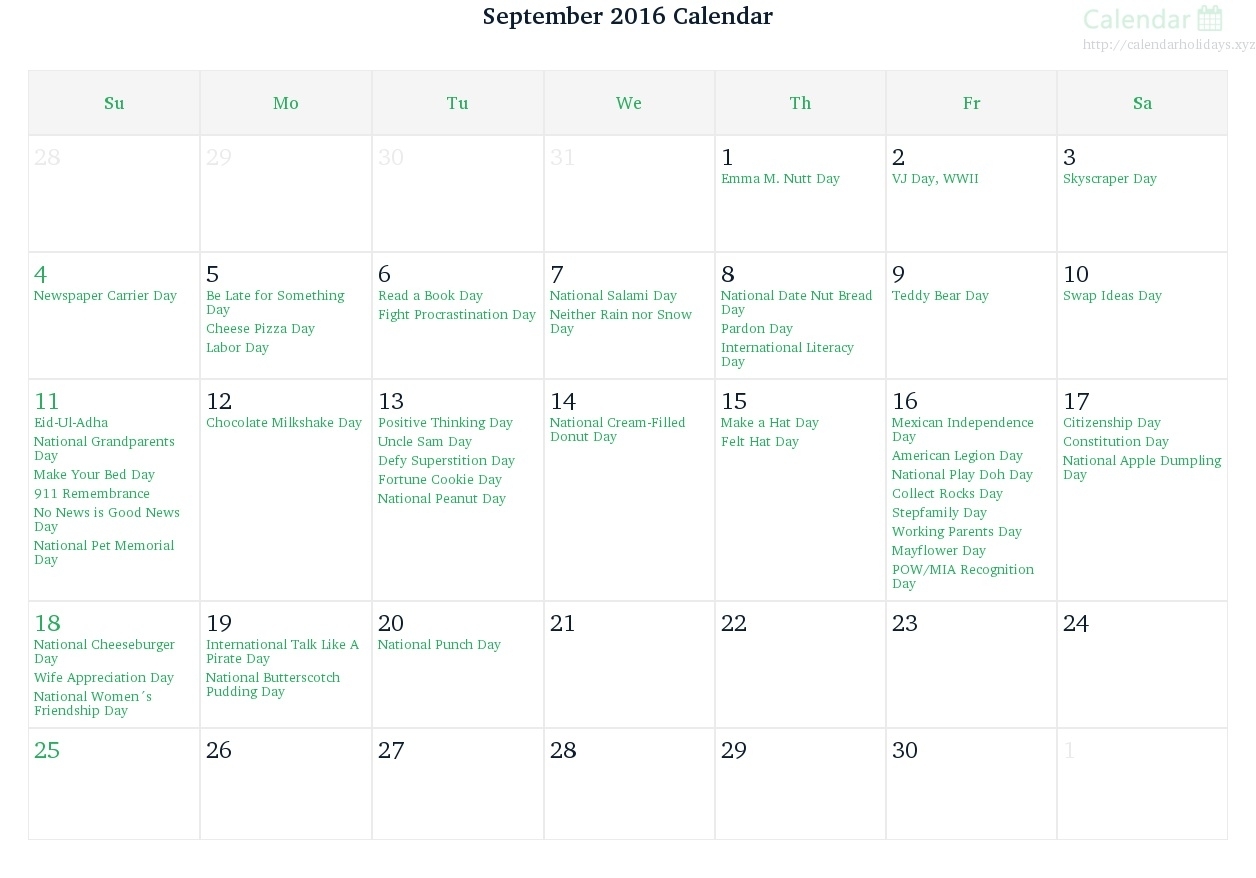Print September 2016 Calendar Online Export To Jpg Format - National in Calendar For Women Onth Of September