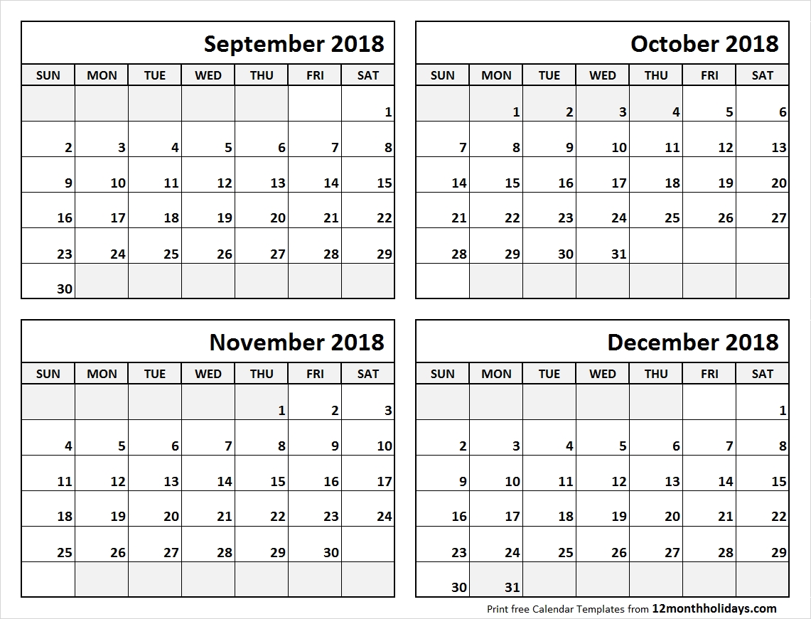 Print September To December 2018 Calendar Template | 4 Month Calendar with regard to 4 Month Blank Calendar Template