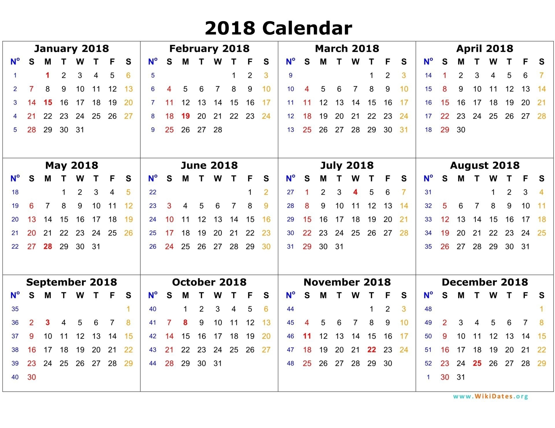 Printable 12 Month Calendar On One Page Free 2018 Calendar Printable regarding 12 Month One Page Calendar