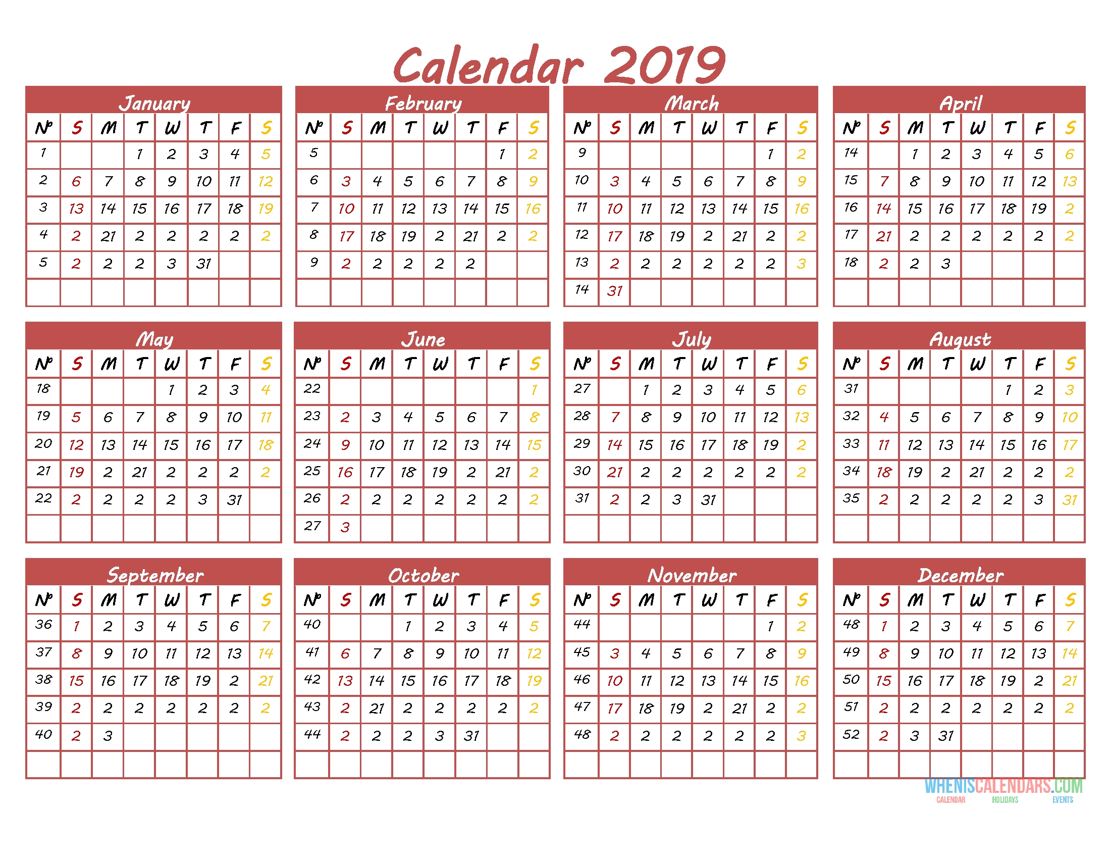 Printable 2019 12 Month Calendar Template Pdf, Word, Excel | Free regarding Large Printable Calendar Sept 2-17