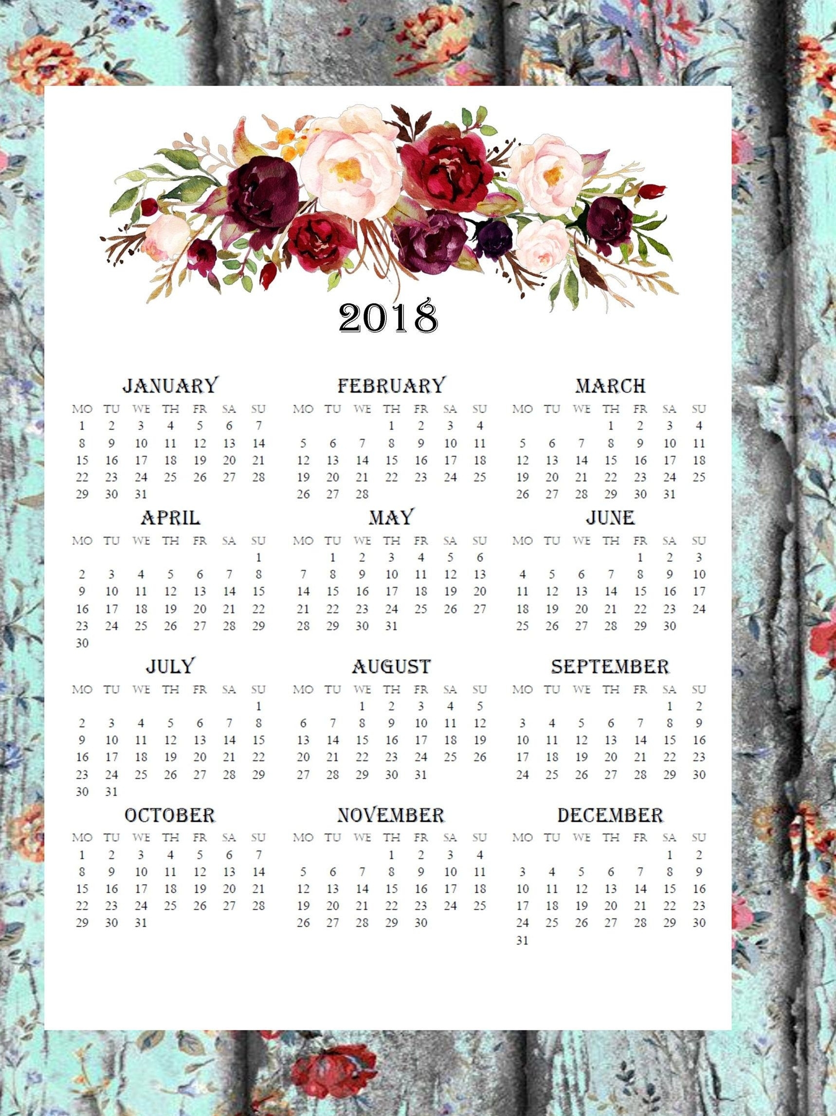 Printable 2019 Large Wall Calendar Monthly Calendar Floral Calendar in 12 Month Calendar Picture Ideas