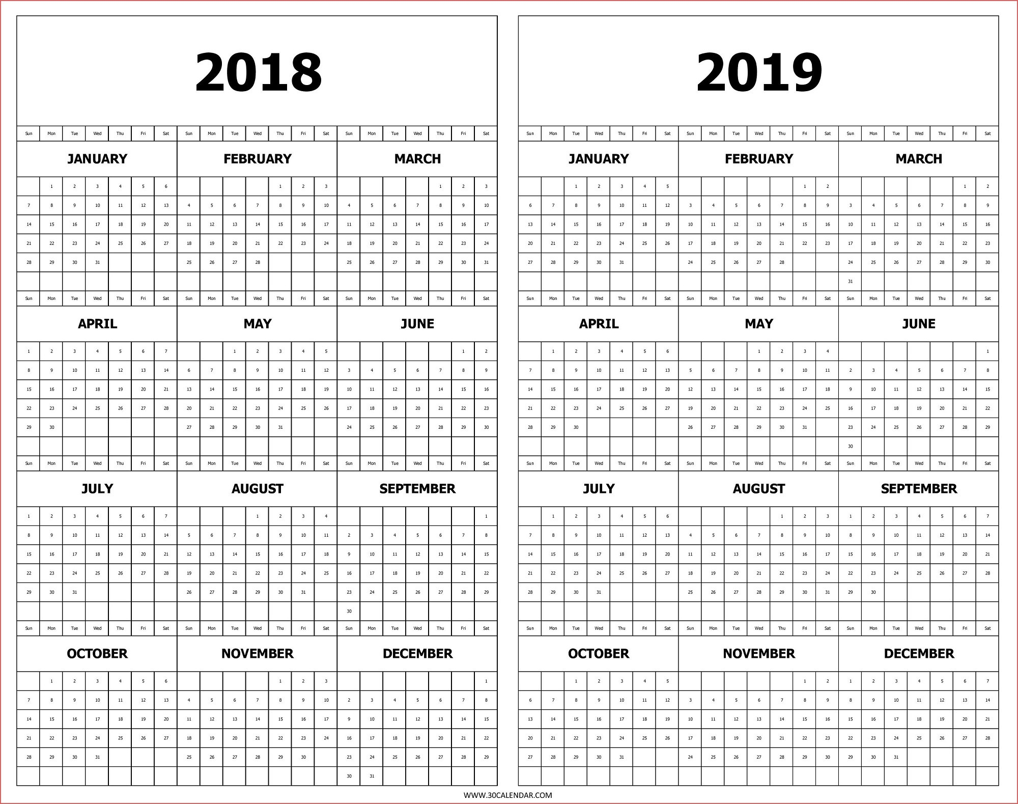 Printable 2019 Year Calendar Calendar 2018 And 2019 Printable Free 2 in Year Calendar At A Glance