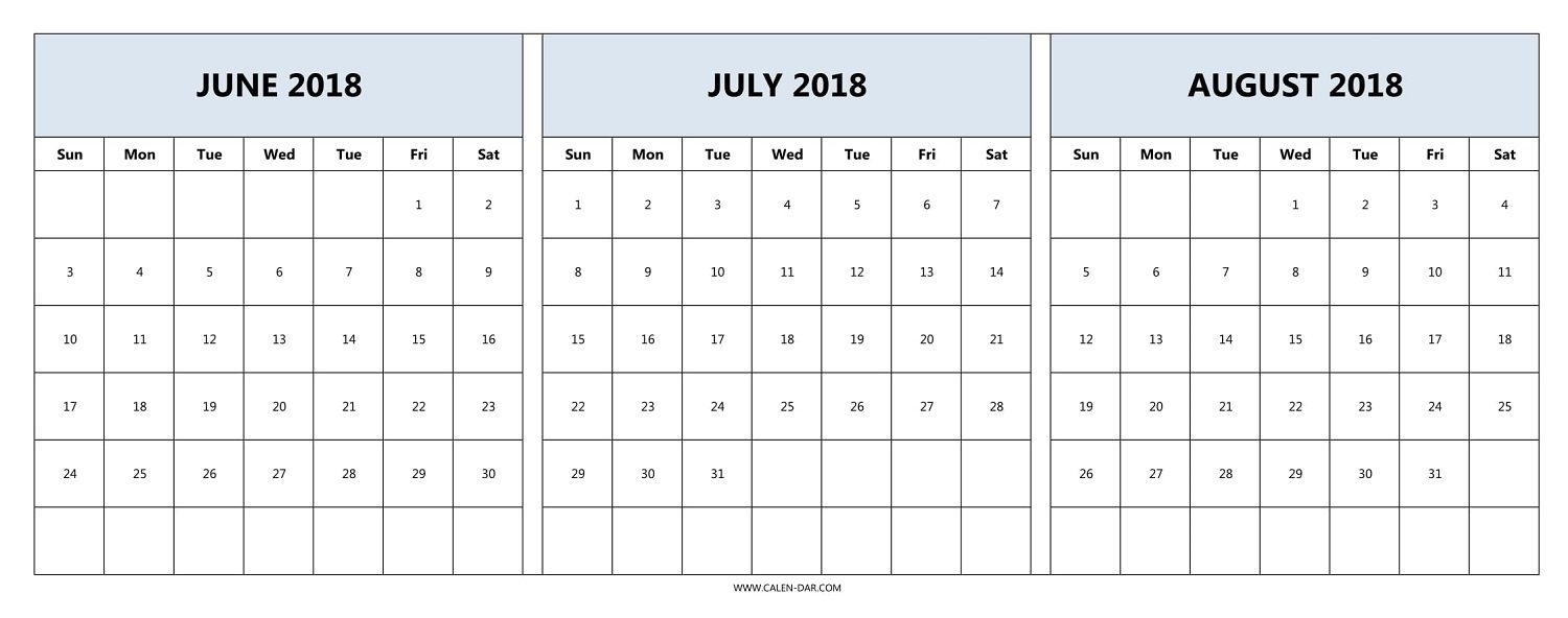 Printable 3 Month Calendar 2018 June July August | Printable within 3 Month Printable Calendar Online August