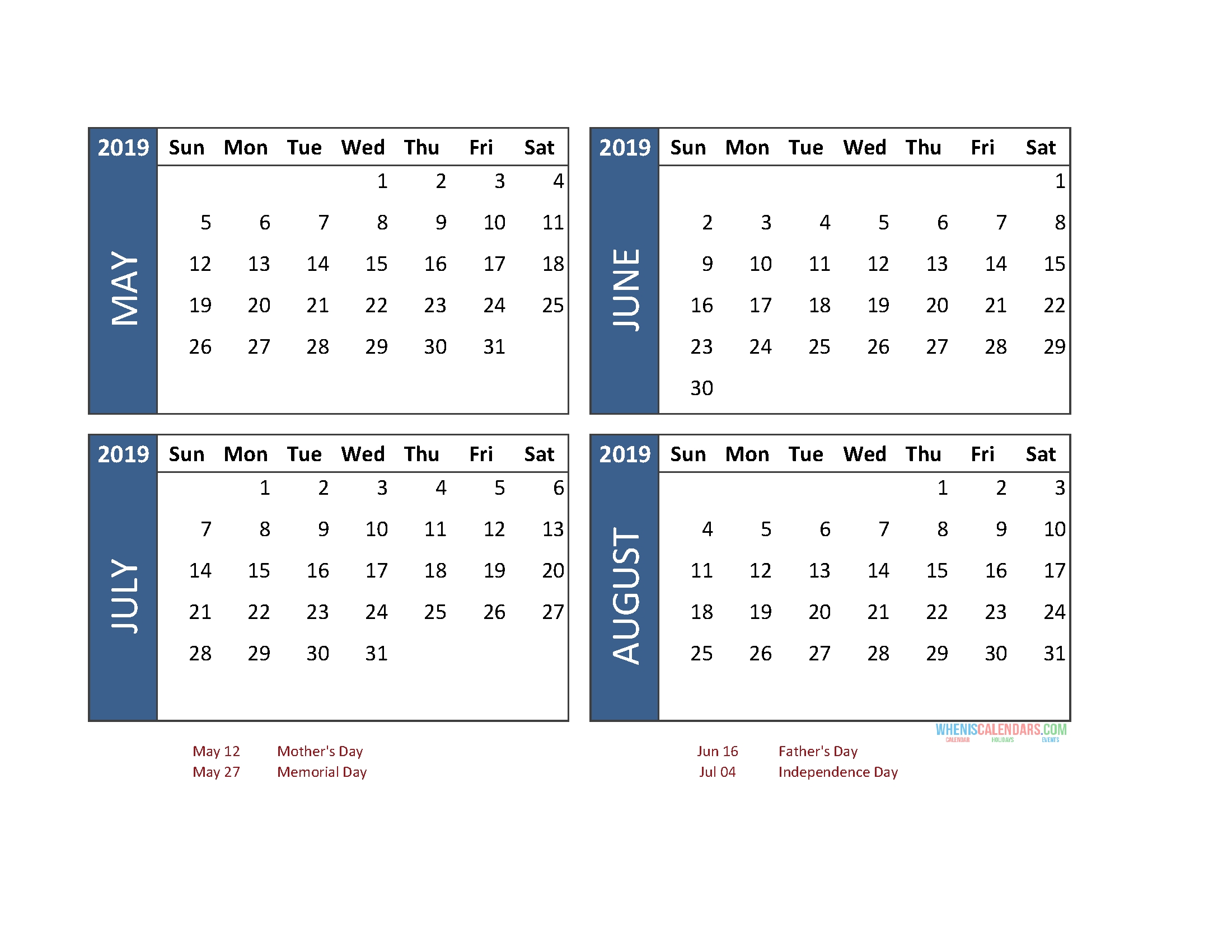 Printable 4 Month Calendar 2019 May June July August | Free regarding 4 Month Blank Calendar Template