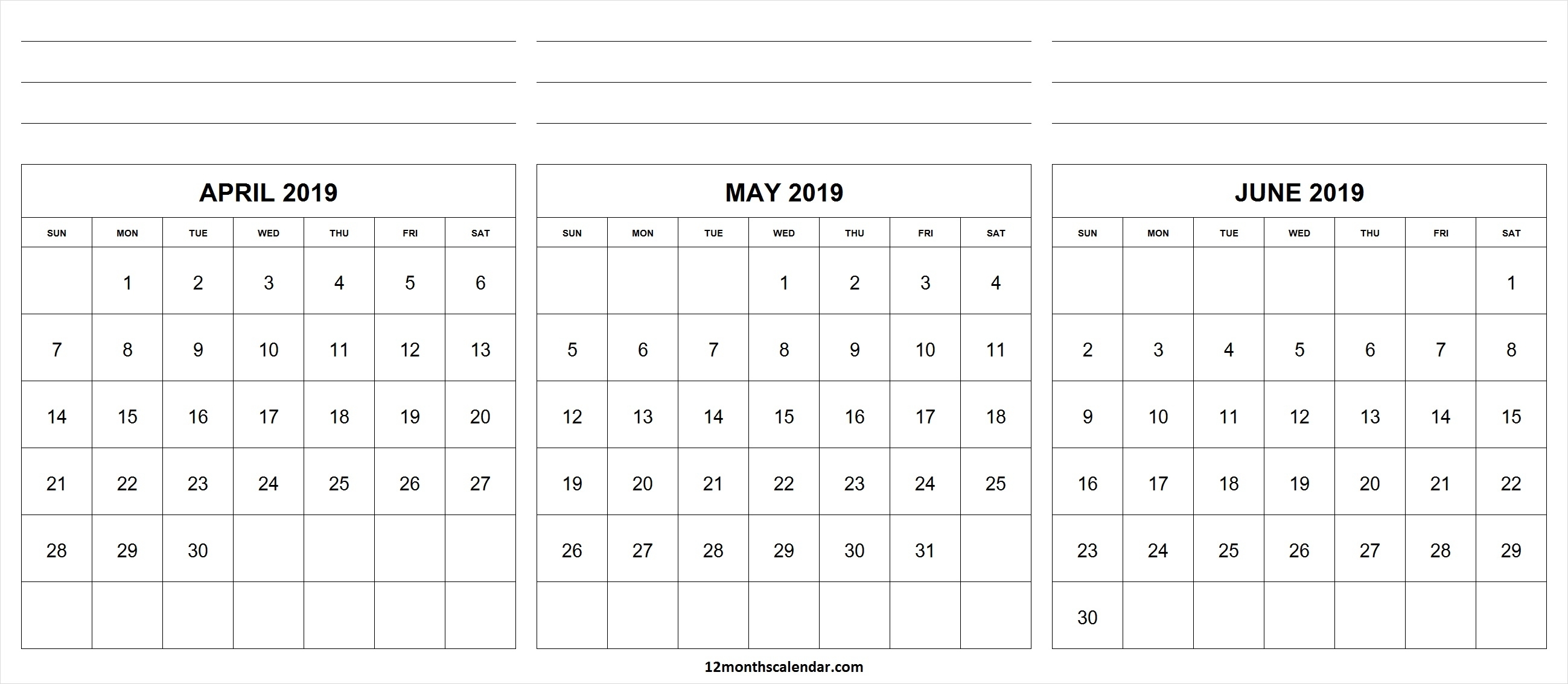 Printable April May June 2019 Calendar With Notes | 12 Month Calendar in 3 Month Calendar To Print