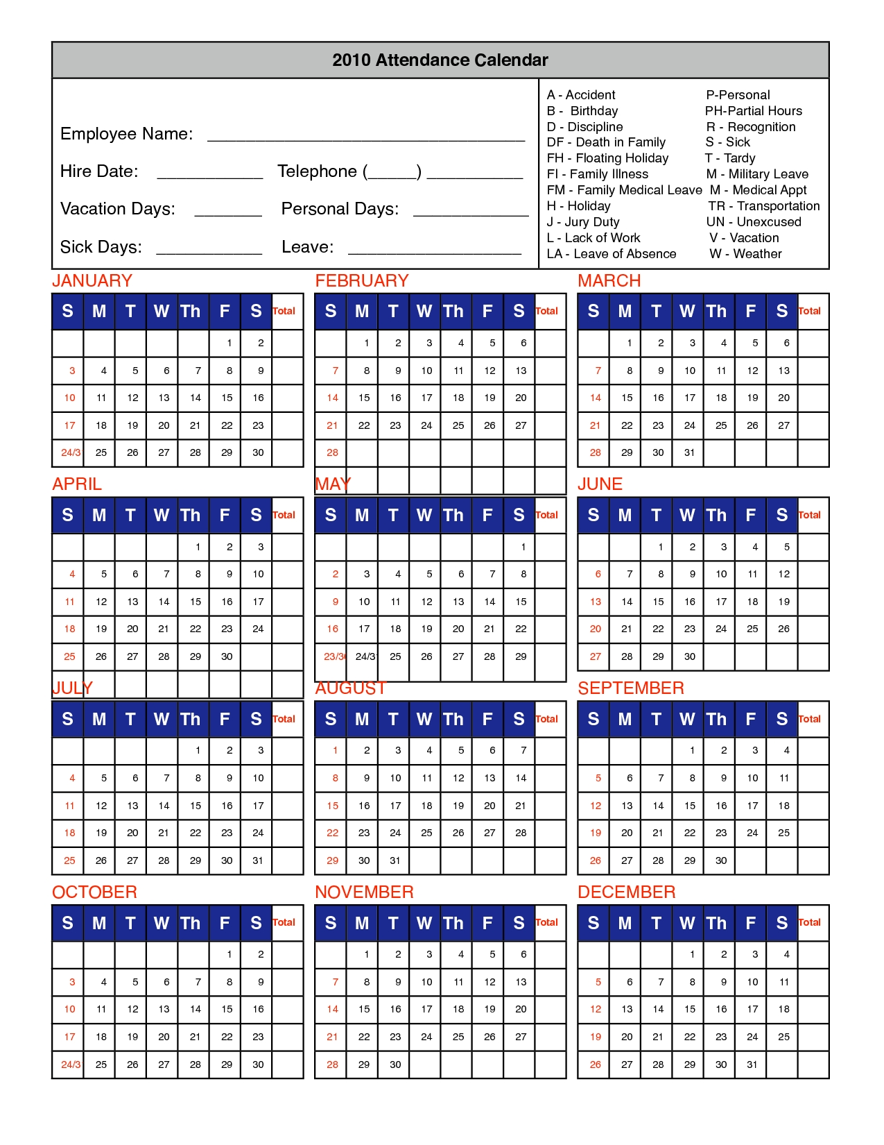 Printable Attendance Calendar 2016 Employee Attendance Calendar 2015 pertaining to Downloadable Employee Vacation Calendar 2015
