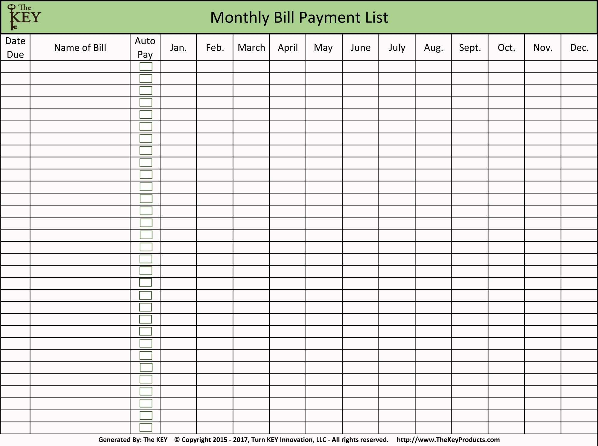 Printable Bill Payment Checklist