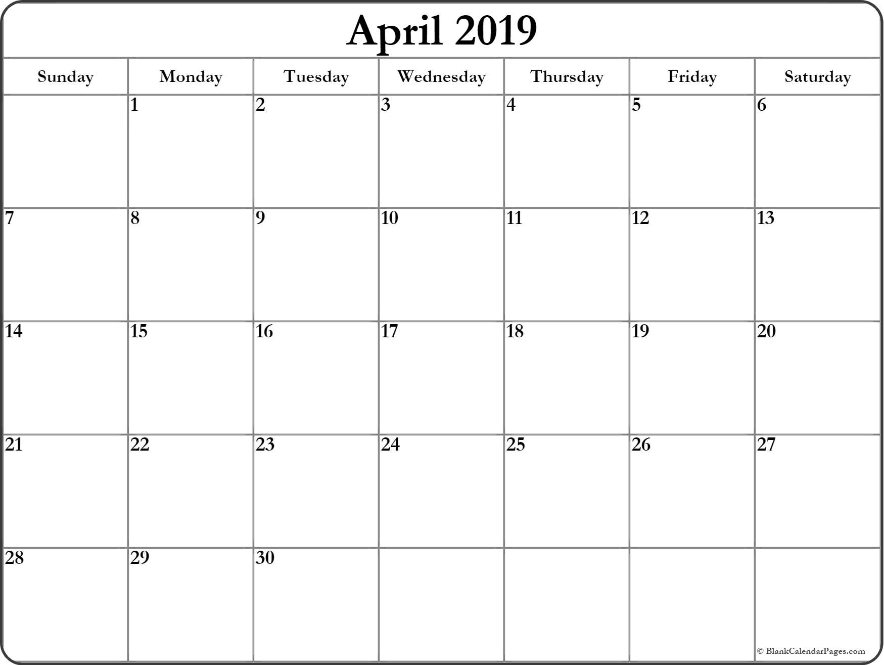 Printable Blank Calendar April 2019 - Free Printable Calendar inside Free Printable Blank Calendar Templates