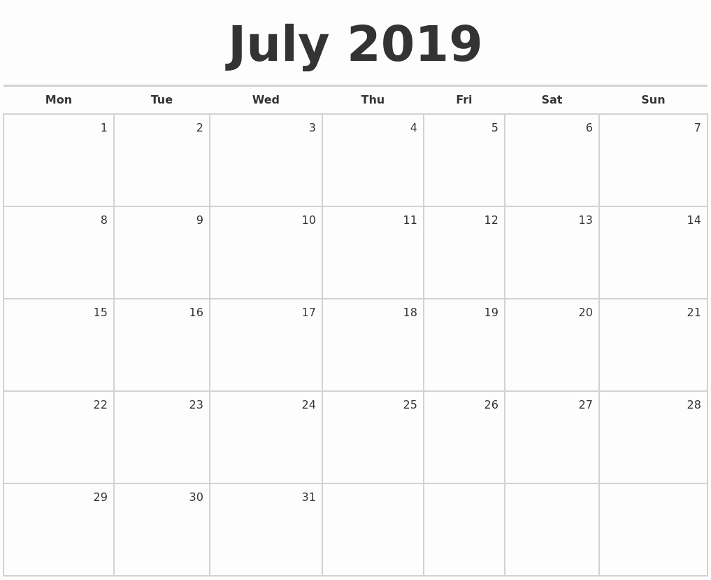 Printable Blank Calendar Template July 2019 July 2019 Blank Monthly pertaining to Printable Blank Monthly Calendar Template