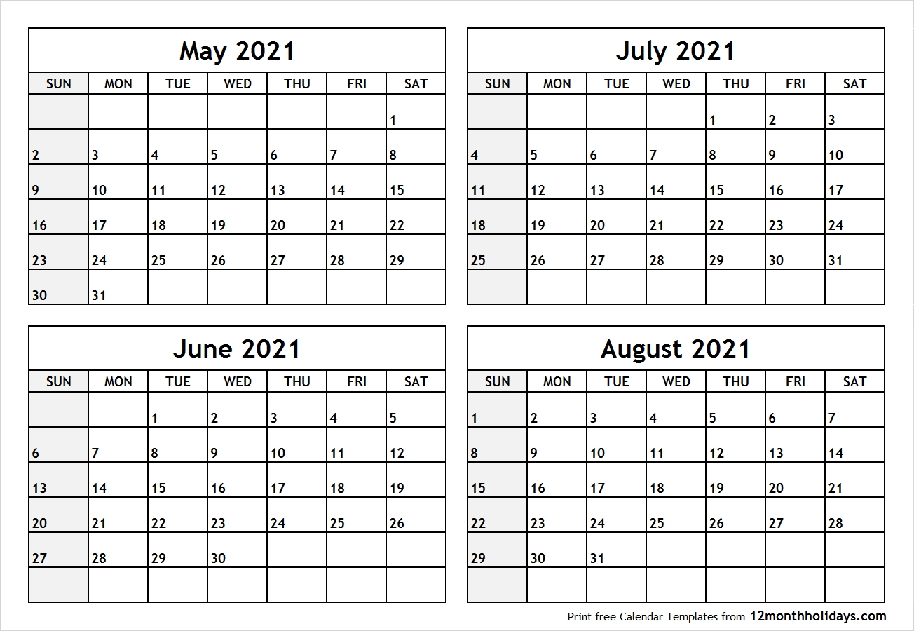 Printable Blank Four Month May June July August 2021 Calendar Template in May June July August Calendar